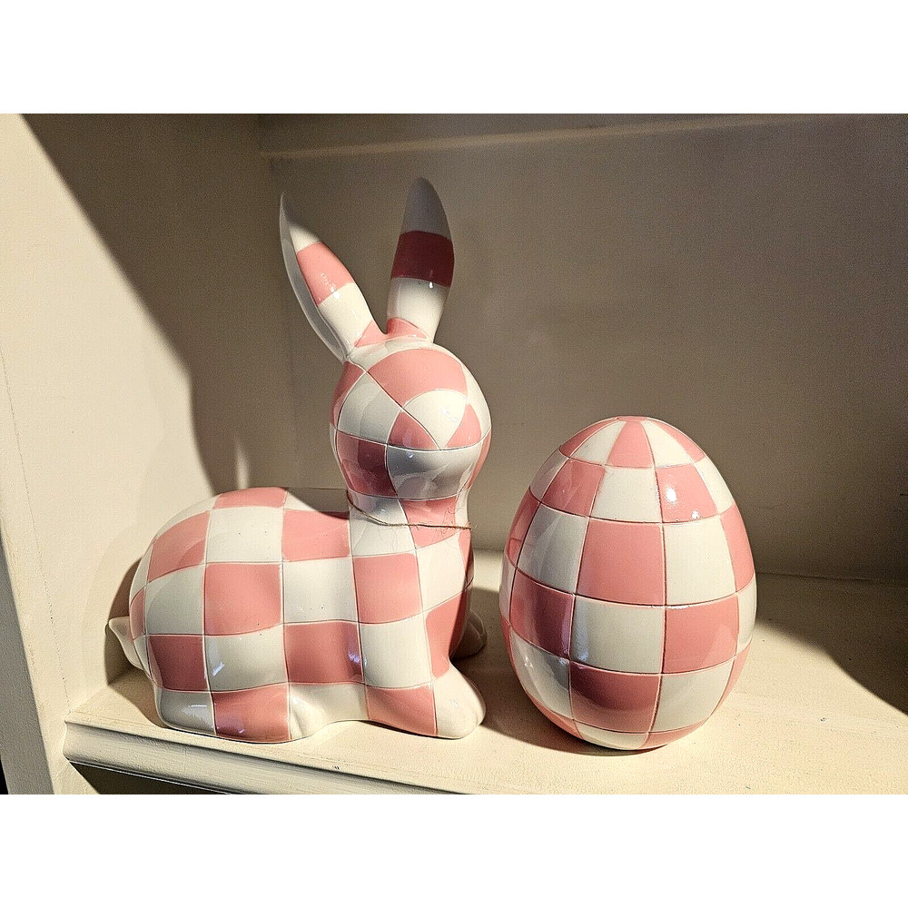Mackenzie Childs Inspired Checkered Easter Bunny 12" And Egg 7”